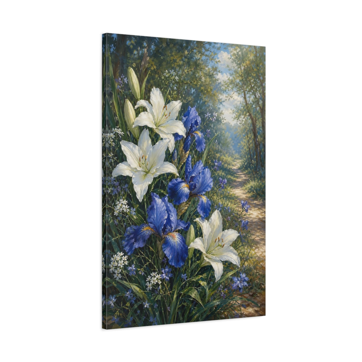 Main Mockup. Floral Lilies Irises White Blue Floral shown as stretched canvas wall art
