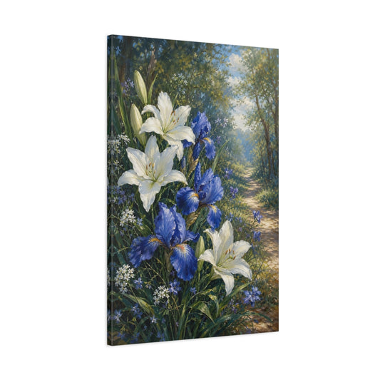 Main Mockup. Floral Lilies Irises White Blue Floral shown as stretched canvas wall art