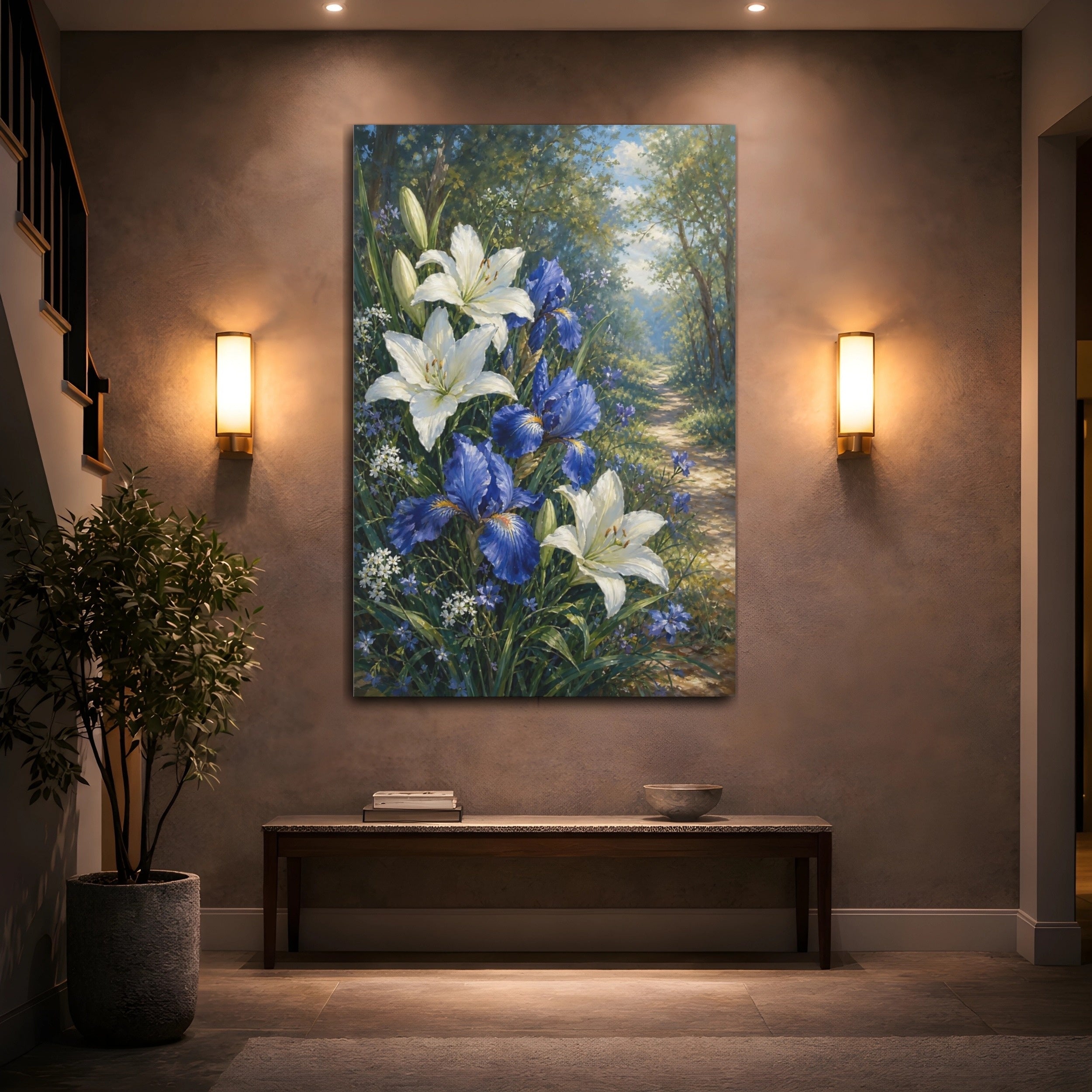 Mockup 2. Floral Lilies Irises White Blue Floral shown as stretched canvas wall art