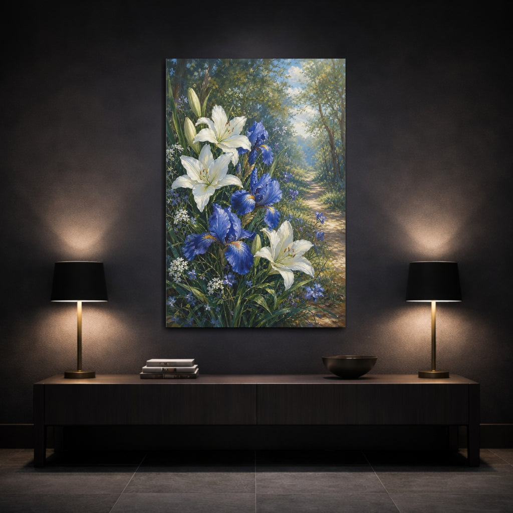 Mockup 3. Floral Lilies Irises White Blue Floral shown as stretched canvas wall art