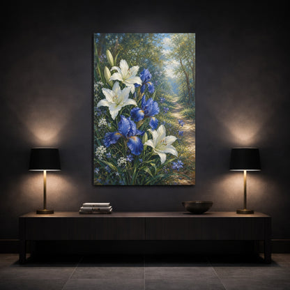Mockup 3. Floral Lilies Irises White Blue Floral shown as stretched canvas wall art