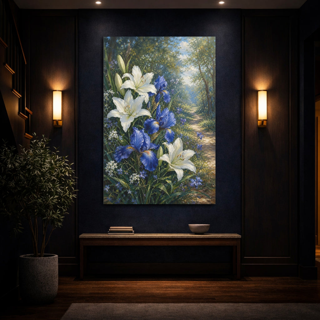Mockup 4. Floral Lilies Irises White Blue Floral shown as stretched canvas wall art