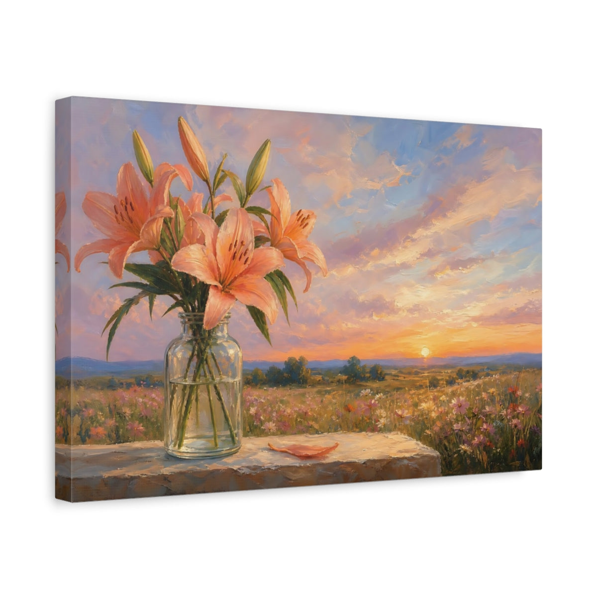 Side Mockup 4. Floral Lilies Peach Lilies shown as stretched canvas wall art