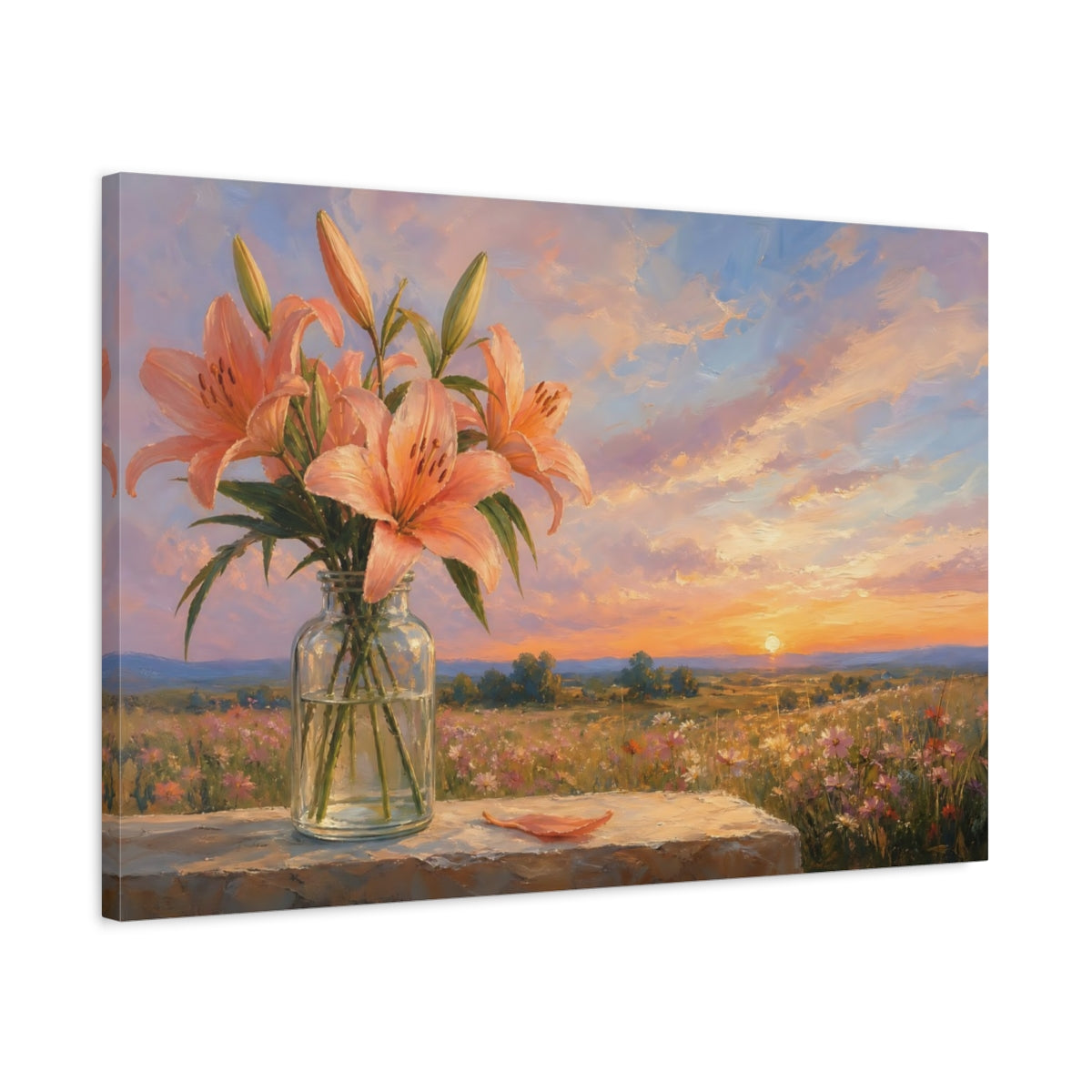Side Mockup 2. Floral Lilies Peach Lilies shown as stretched canvas wall art