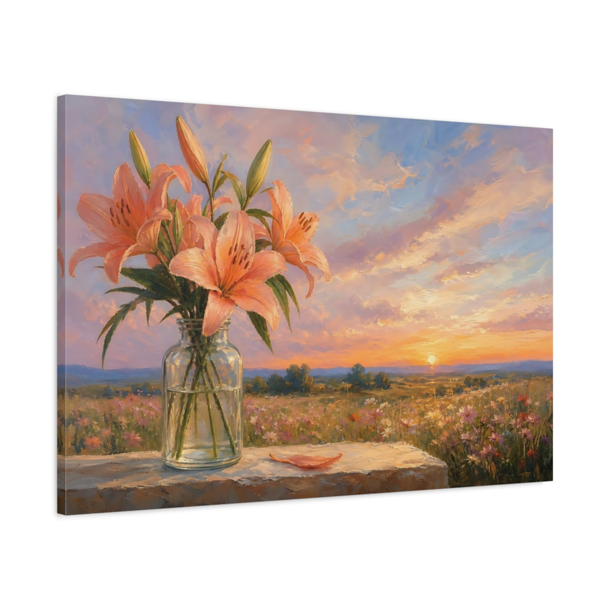 Main Mockup. Floral Lilies Peach Lilies shown as stretched canvas wall art