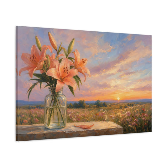 Main Mockup. Floral Lilies Peach Lilies shown as stretched canvas wall art