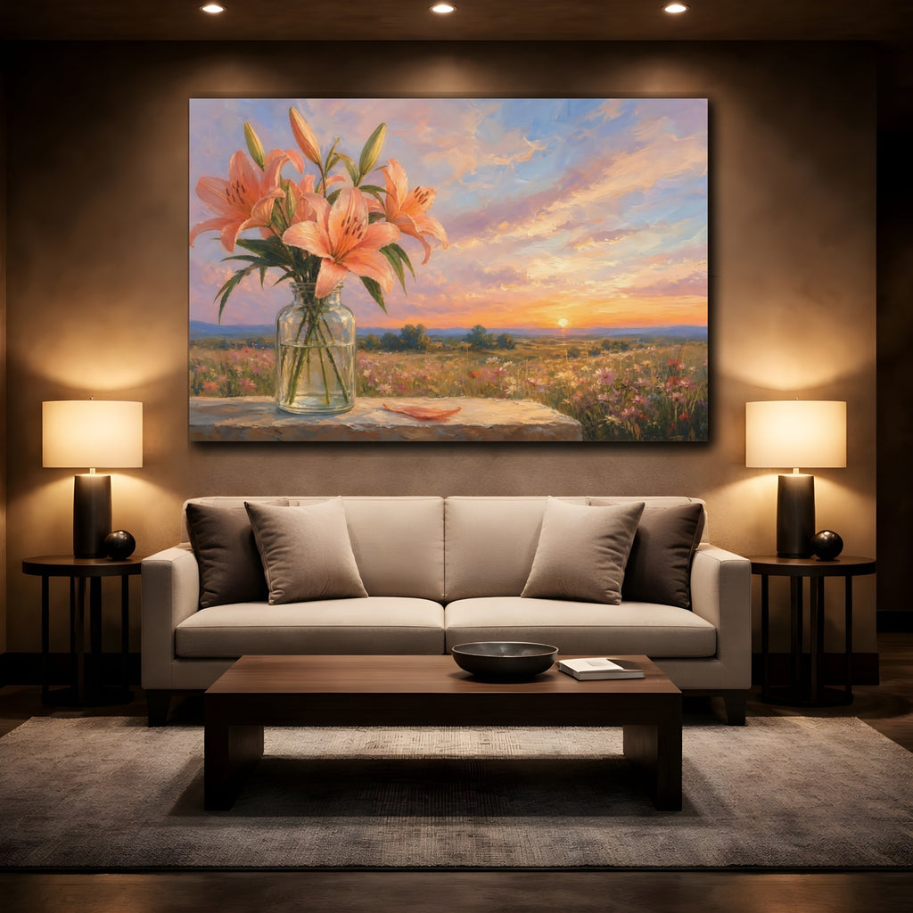 Mockup 2. Floral Lilies Peach Lilies shown as stretched canvas wall art