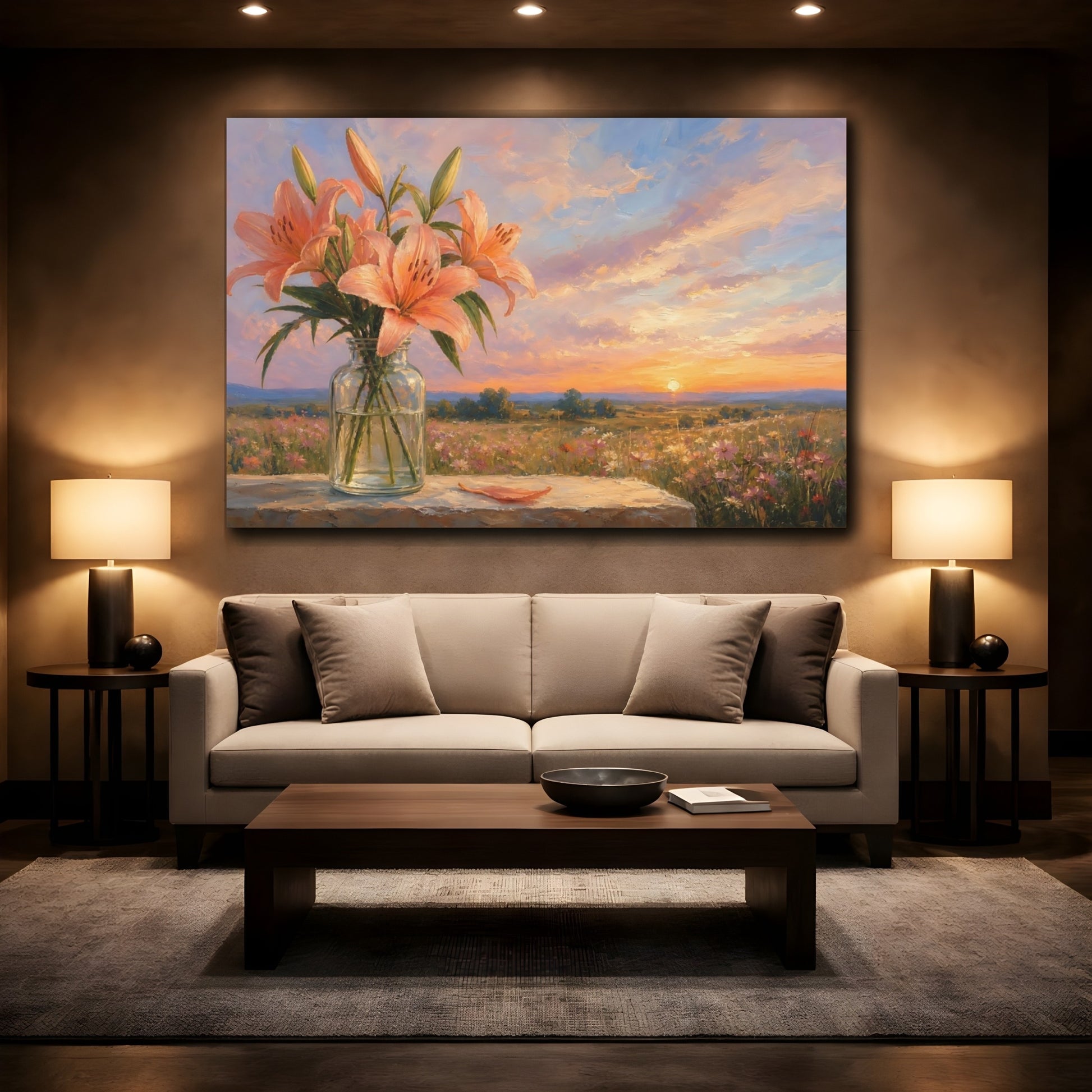 Mockup 2. Floral Lilies Peach Lilies shown as stretched canvas wall art