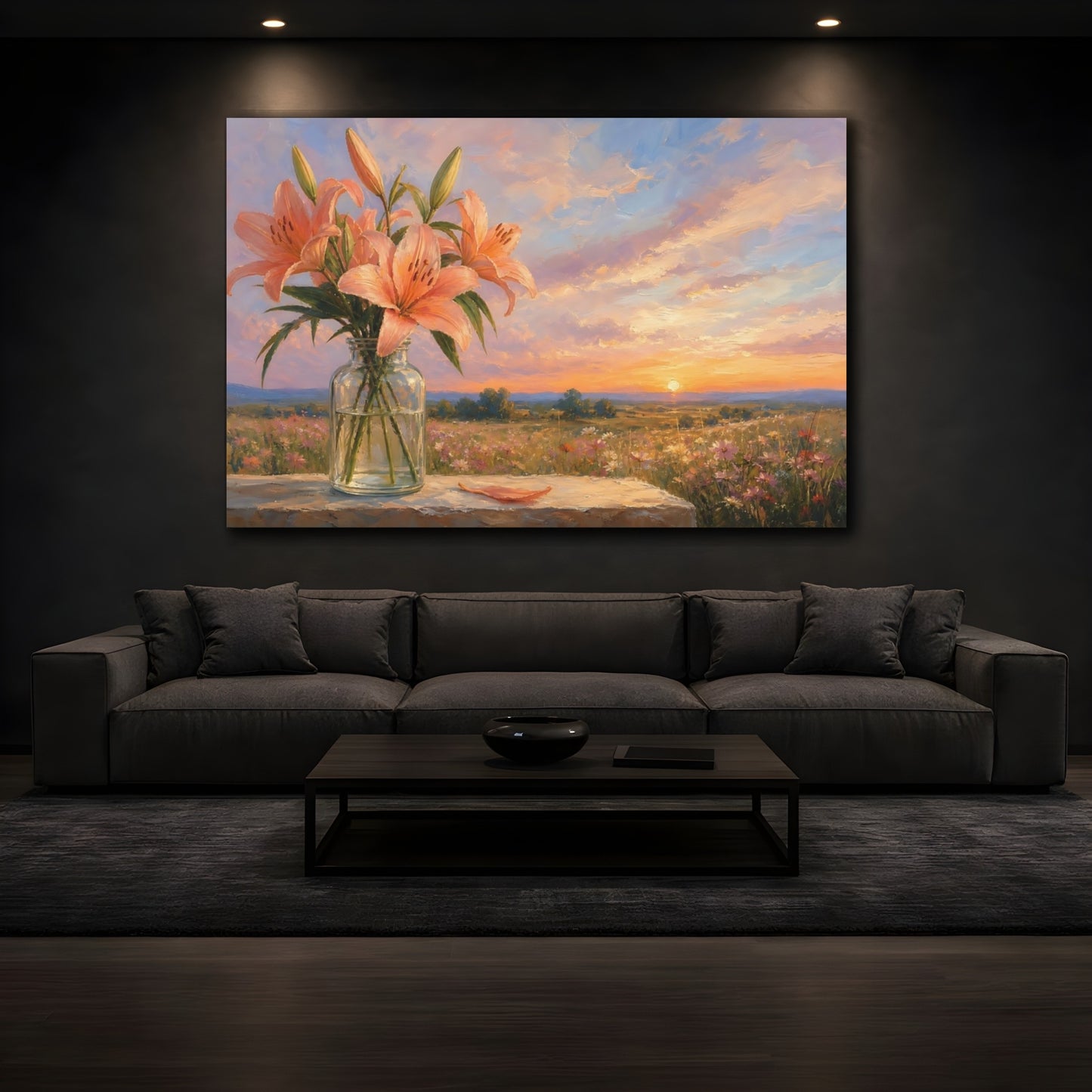 Mockup 3. Floral Lilies Peach Lilies shown as stretched canvas wall art