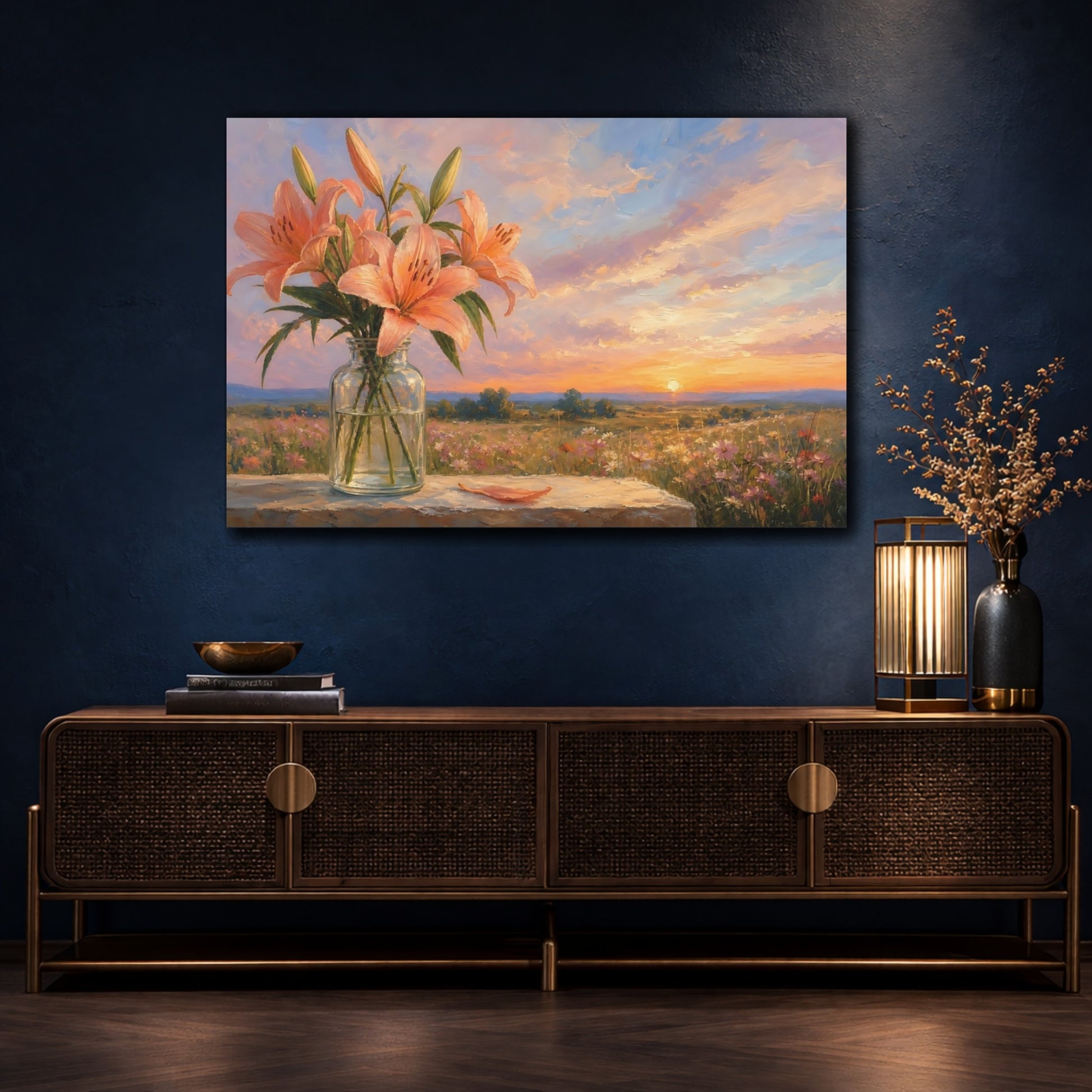 Mockup 4. Floral Lilies Peach Lilies shown as stretched canvas wall art