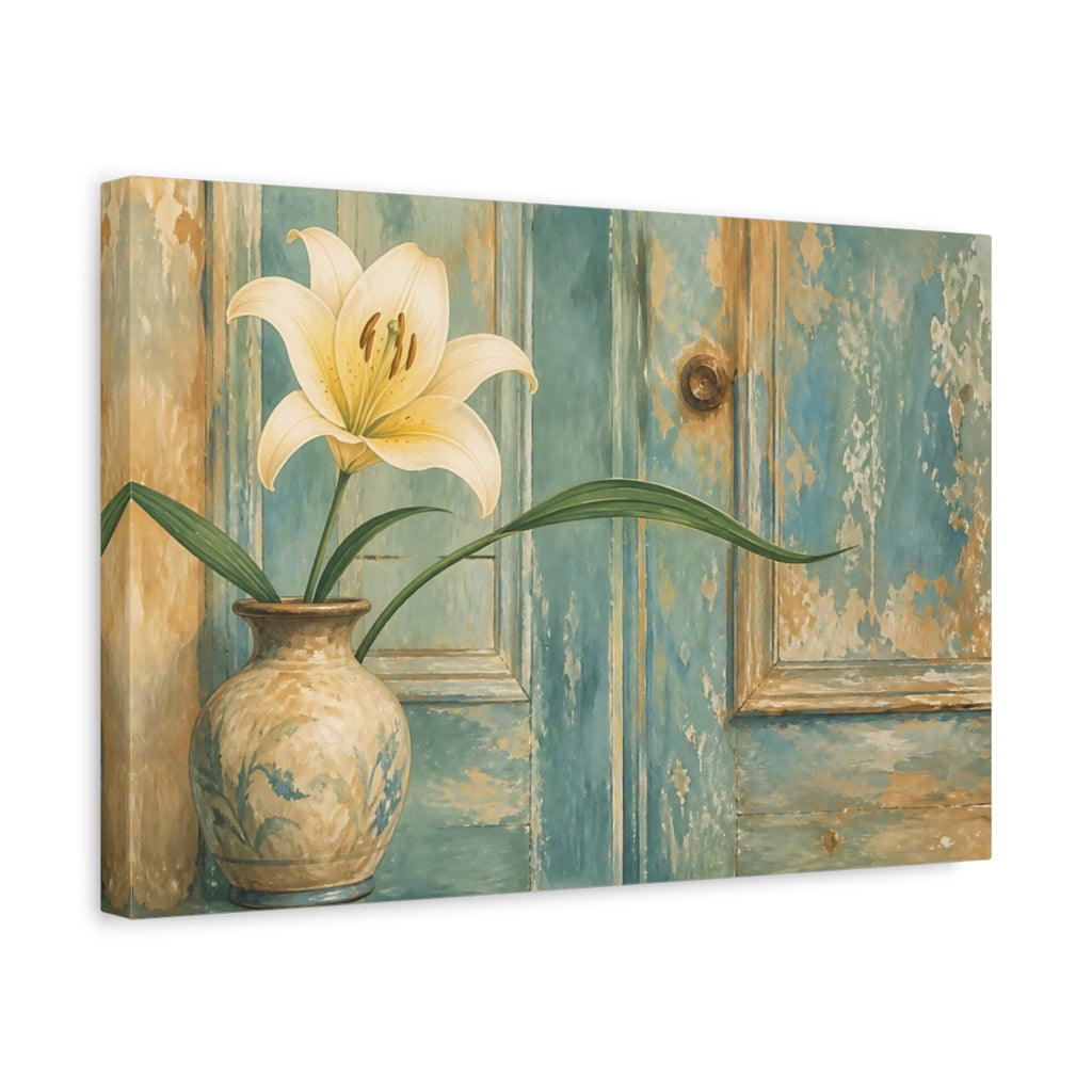 Side Mockup 4. Floral Lily Flower Distressed Blue Floral shown as stretched canvas wall art