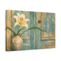 Side Mockup 4. Floral Lily Flower Distressed Blue Floral shown as stretched canvas wall art