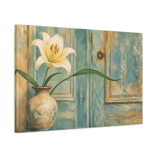 Main Mockup. Floral Lily Flower Distressed Blue Floral shown as stretched canvas wall art