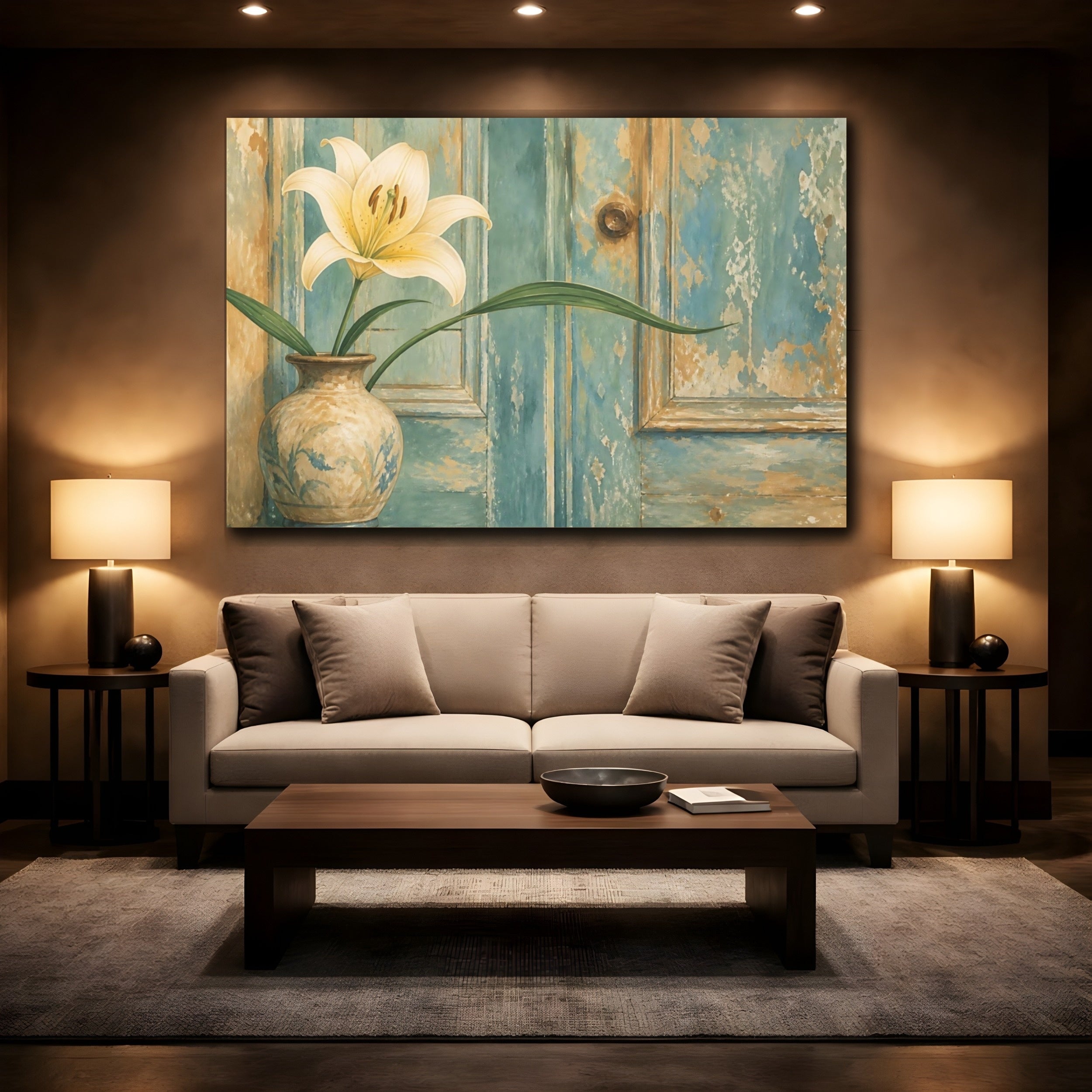 Mockup 2. Floral Lily Flower Distressed Blue Floral shown as stretched canvas wall art