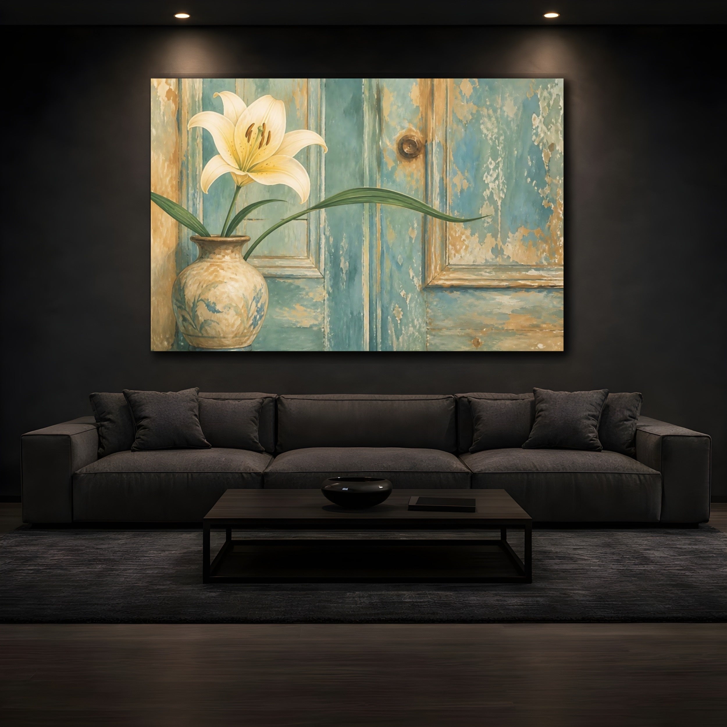Mockup 3. Floral Lily Flower Distressed Blue Floral shown as stretched canvas wall art