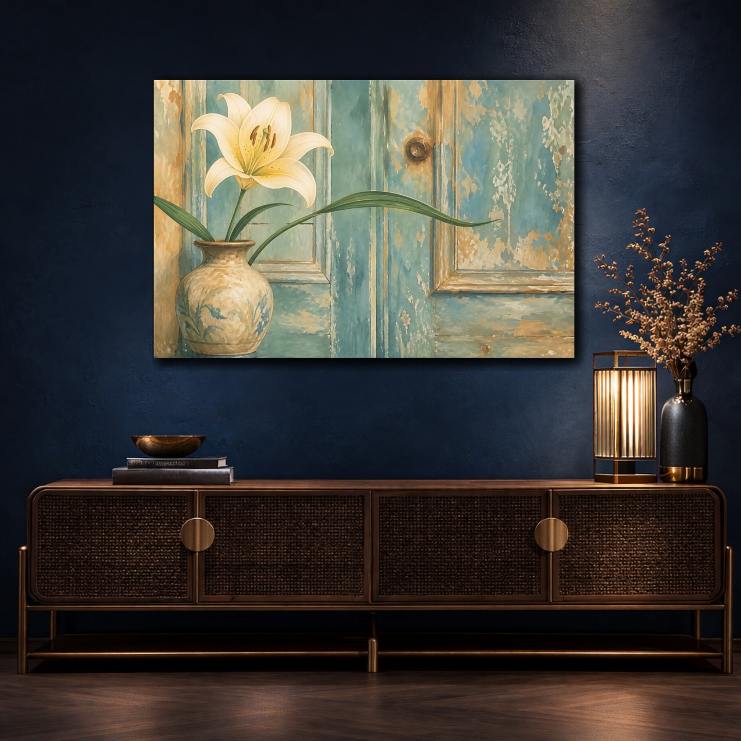 Mockup 4. Floral Lily Flower Distressed Blue Floral shown as stretched canvas wall art