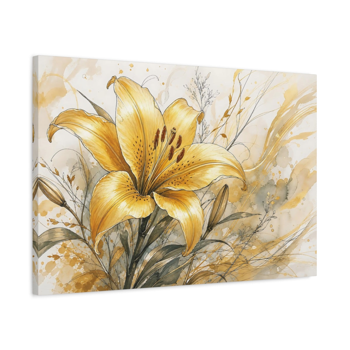 Side Mockup 2. Floral Lily Yellow Lily Gold shown as stretched canvas wall art