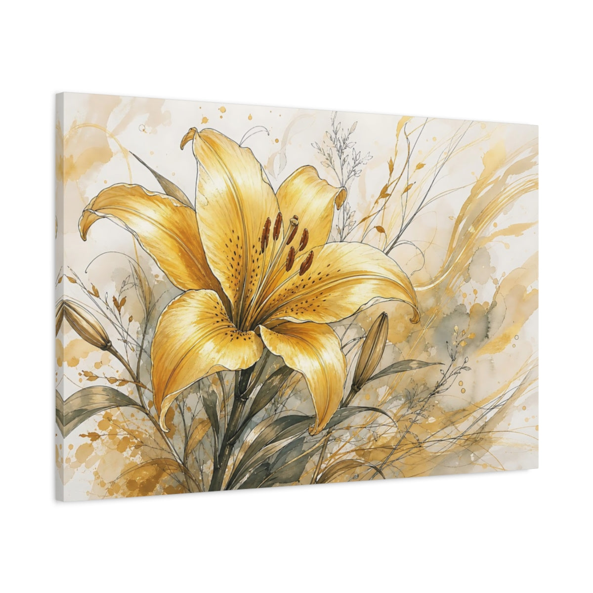 Main Mockup. Floral Lily Yellow Lily Gold shown as stretched canvas wall art
