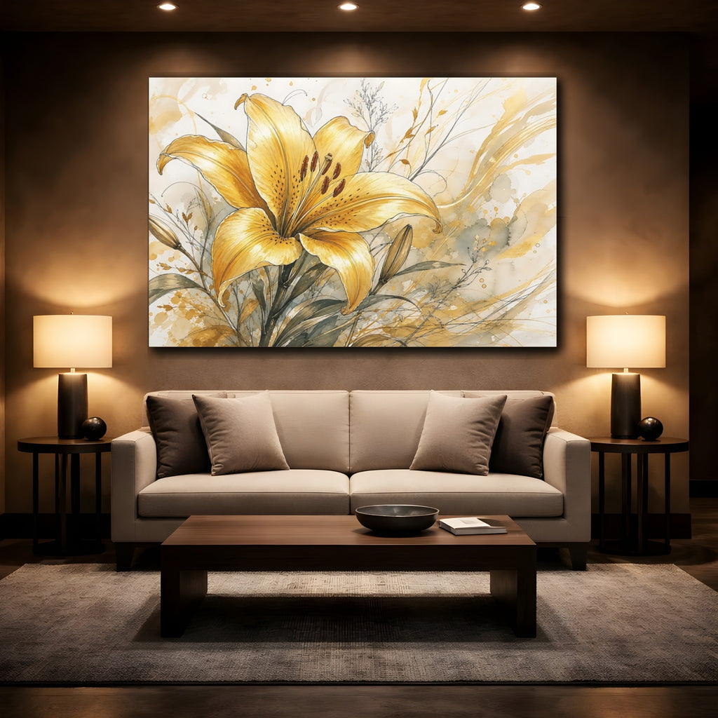 Mockup 2. Floral Lily Yellow Lily Gold shown as stretched canvas wall art