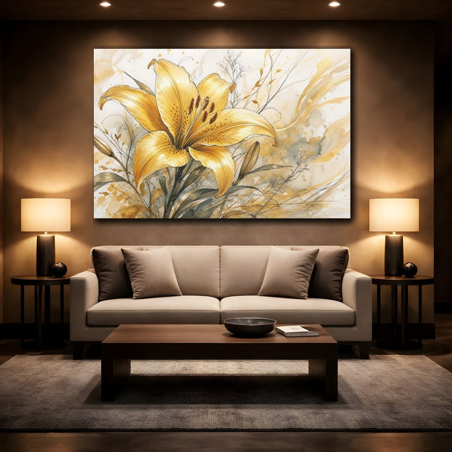 Mockup 2. Floral Lily Yellow Lily Gold shown as stretched canvas wall art
