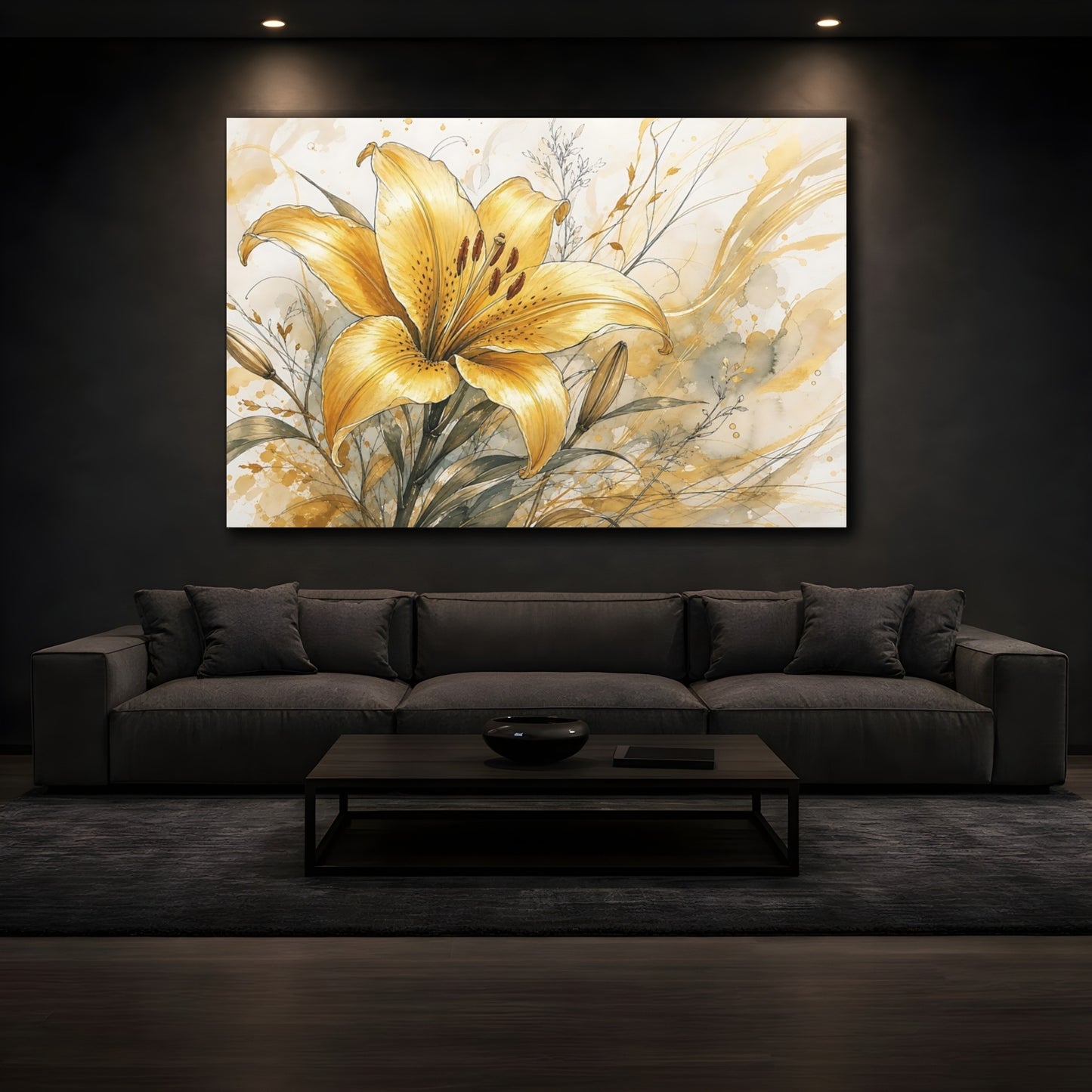 Mockup 3. Floral Lily Yellow Lily Gold shown as stretched canvas wall art