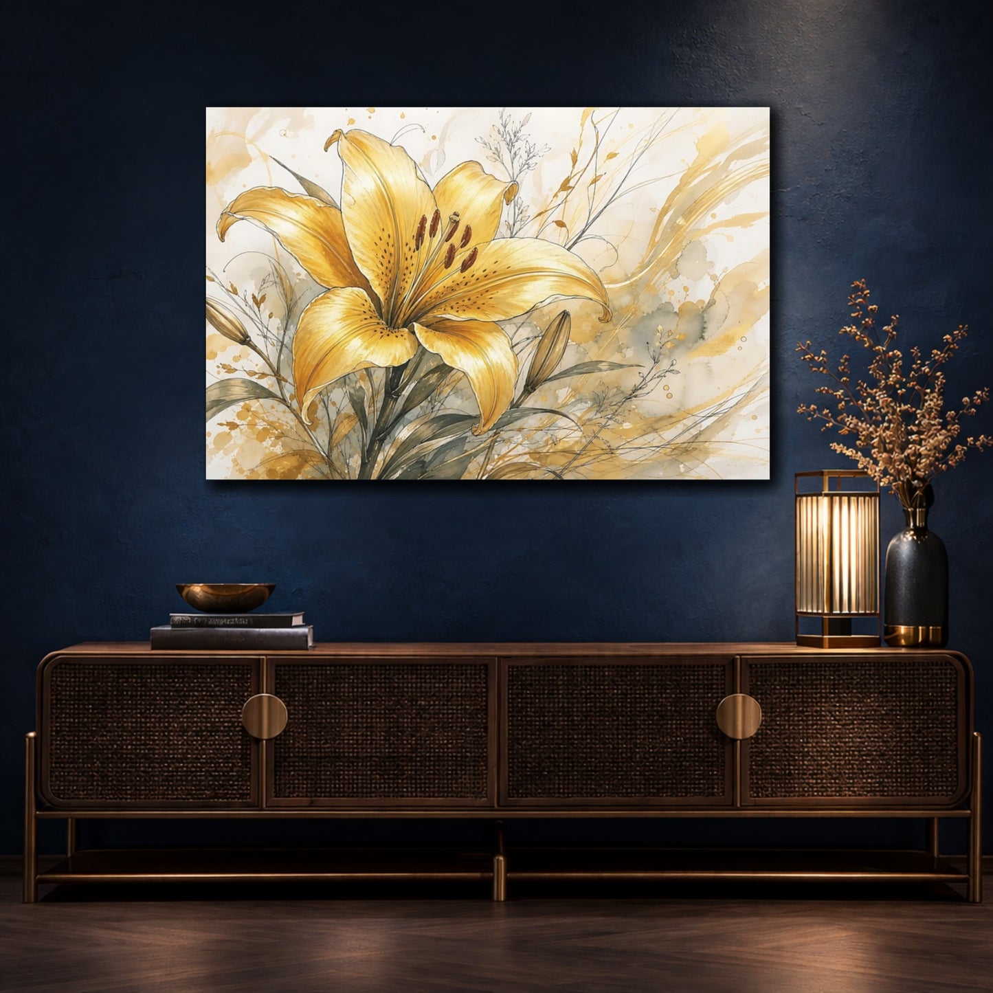 Mockup 4. Floral Lily Yellow Lily Gold shown as stretched canvas wall art