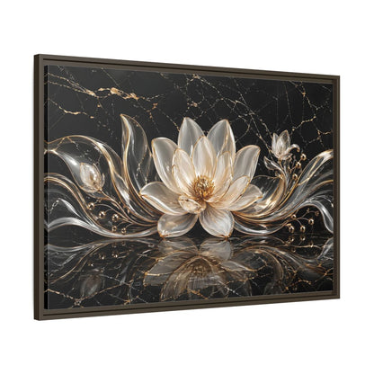 Main Mockup. Floral Lotus Flower Black And Gold shown as stretched canvas wall art