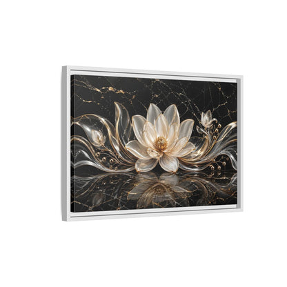 Side Mockup 1. Floral Lotus Flower Black And Gold shown as stretched canvas wall art