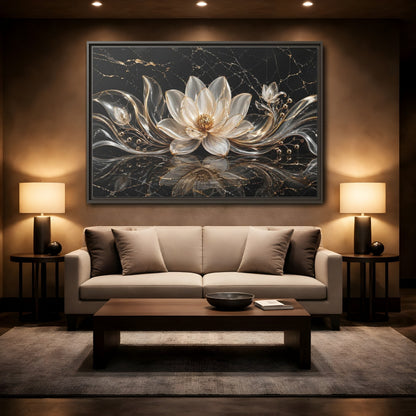 Mockup 2. Floral Lotus Flower Black And Gold shown as stretched canvas wall art