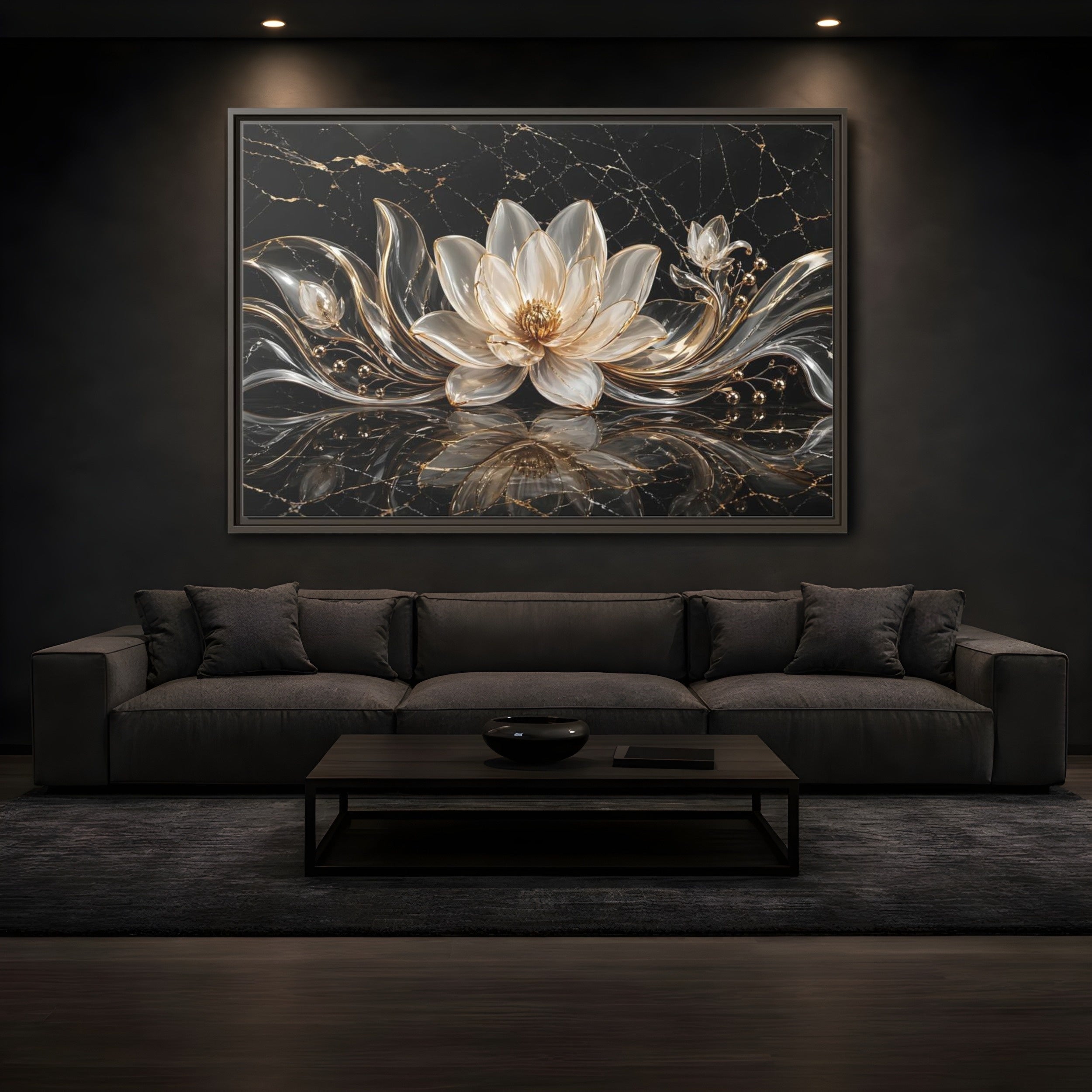 Mockup 3. Floral Lotus Flower Black And Gold shown as stretched canvas wall art