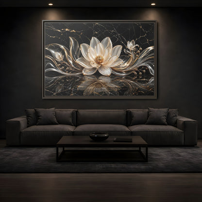 Mockup 3. Floral Lotus Flower Black And Gold shown as stretched canvas wall art