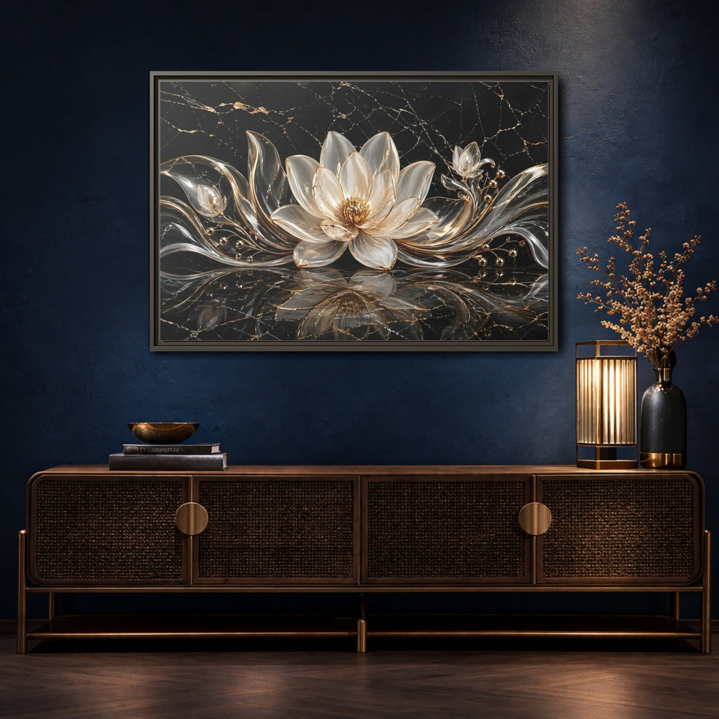 Mockup 4. Floral Lotus Flower Black And Gold shown as stretched canvas wall art
