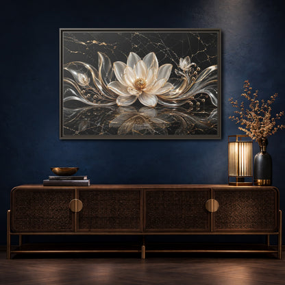 Mockup 4. Floral Lotus Flower Black And Gold shown as stretched canvas wall art