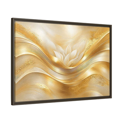 Main Mockup. Floral Lotus Flower Gold And White shown as stretched canvas wall art