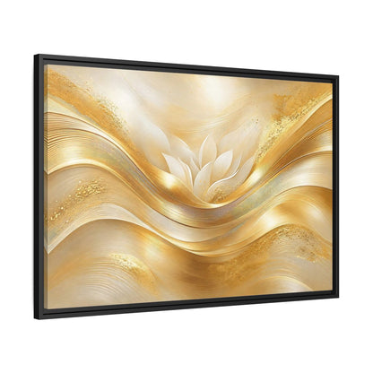 Side Mockup 13. Floral Lotus Flower Gold And White shown as stretched canvas wall art