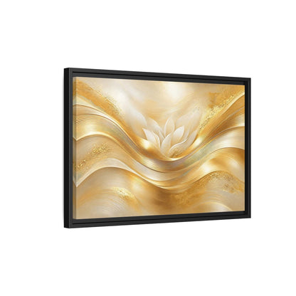 Side Mockup 3. Floral Lotus Flower Gold And White shown as stretched canvas wall art