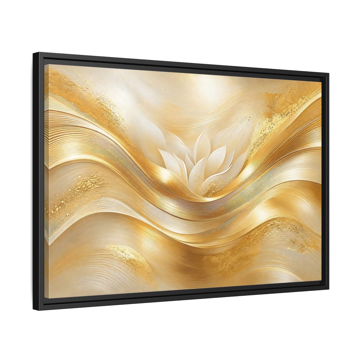 Side Mockup 14. Floral Lotus Flower Gold And White shown as stretched canvas wall art