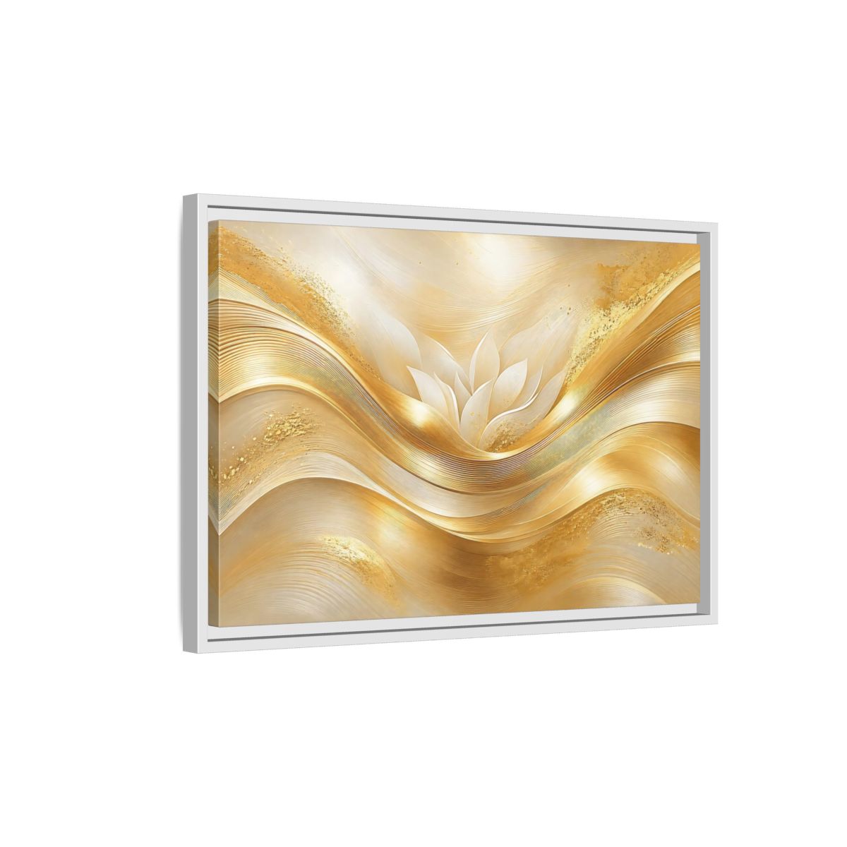 Side Mockup 1. Floral Lotus Flower Gold And White shown as stretched canvas wall art