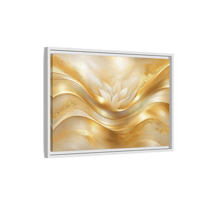 Side Mockup 1. Floral Lotus Flower Gold And White shown as stretched canvas wall art