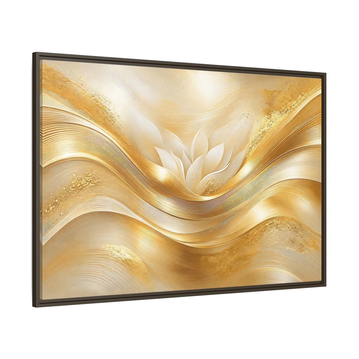 Side Mockup 8. Floral Lotus Flower Gold And White shown as stretched canvas wall art