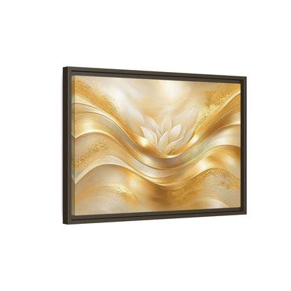 Side Mockup 2. Floral Lotus Flower Gold And White shown as stretched canvas wall art