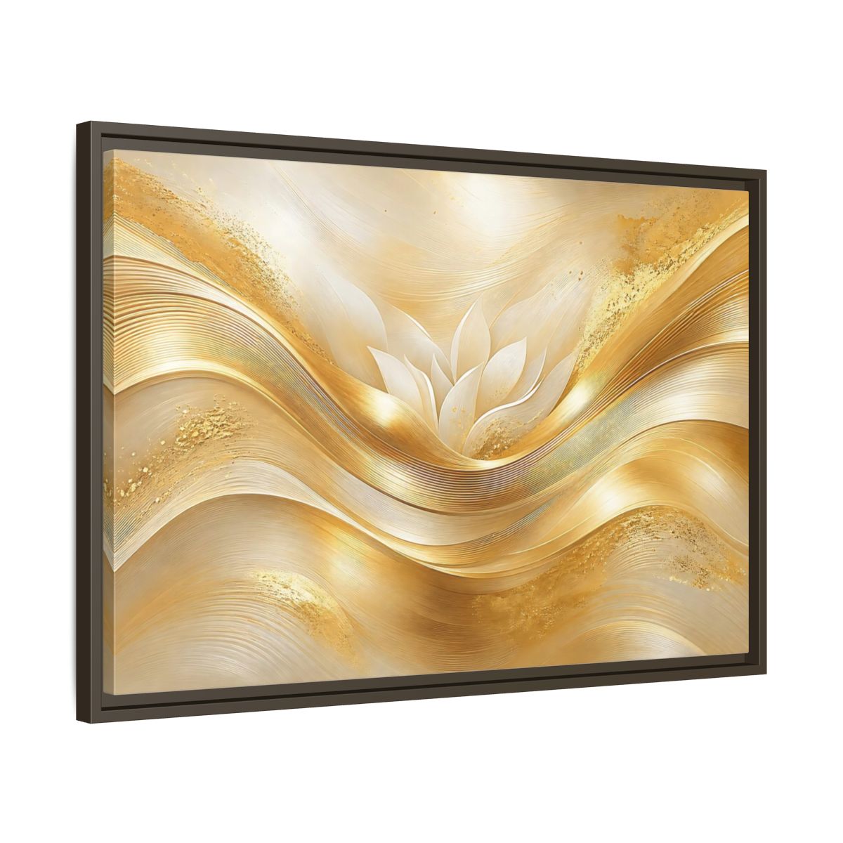 Side Mockup 11. Floral Lotus Flower Gold And White shown as stretched canvas wall art