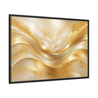 Side Mockup 12. Floral Lotus Flower Gold And White shown as stretched canvas wall art