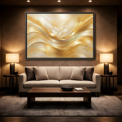 Mockup 2. Floral Lotus Flower Gold And White shown as stretched canvas wall art