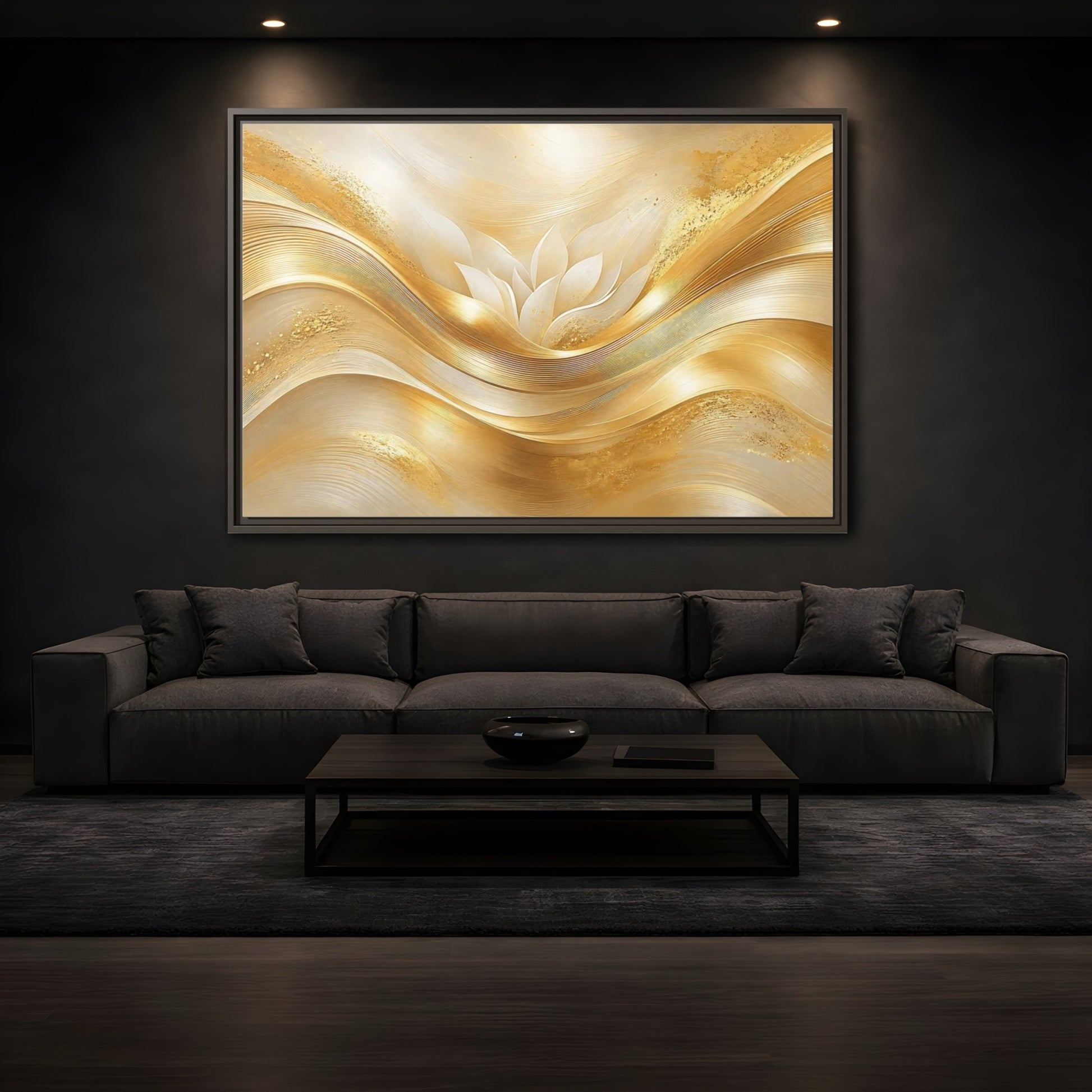 Mockup 3. Floral Lotus Flower Gold And White shown as stretched canvas wall art