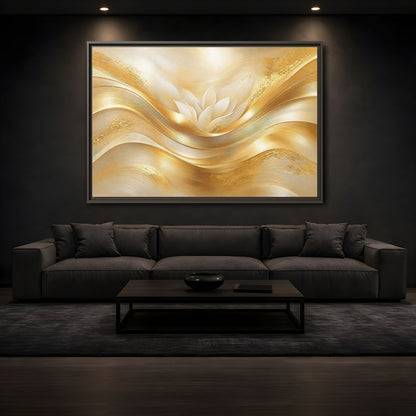Mockup 3. Floral Lotus Flower Gold And White shown as stretched canvas wall art
