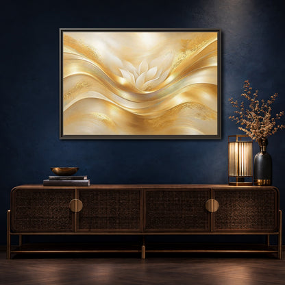 Mockup 4. Floral Lotus Flower Gold And White shown as stretched canvas wall art