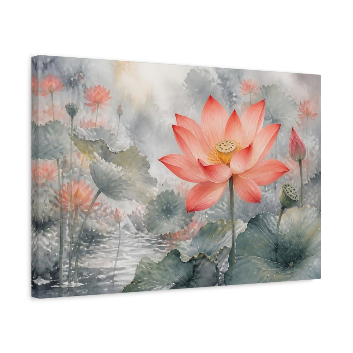 Side Mockup 3. Floral Lotus Flower Pink Lotus shown as stretched canvas wall art