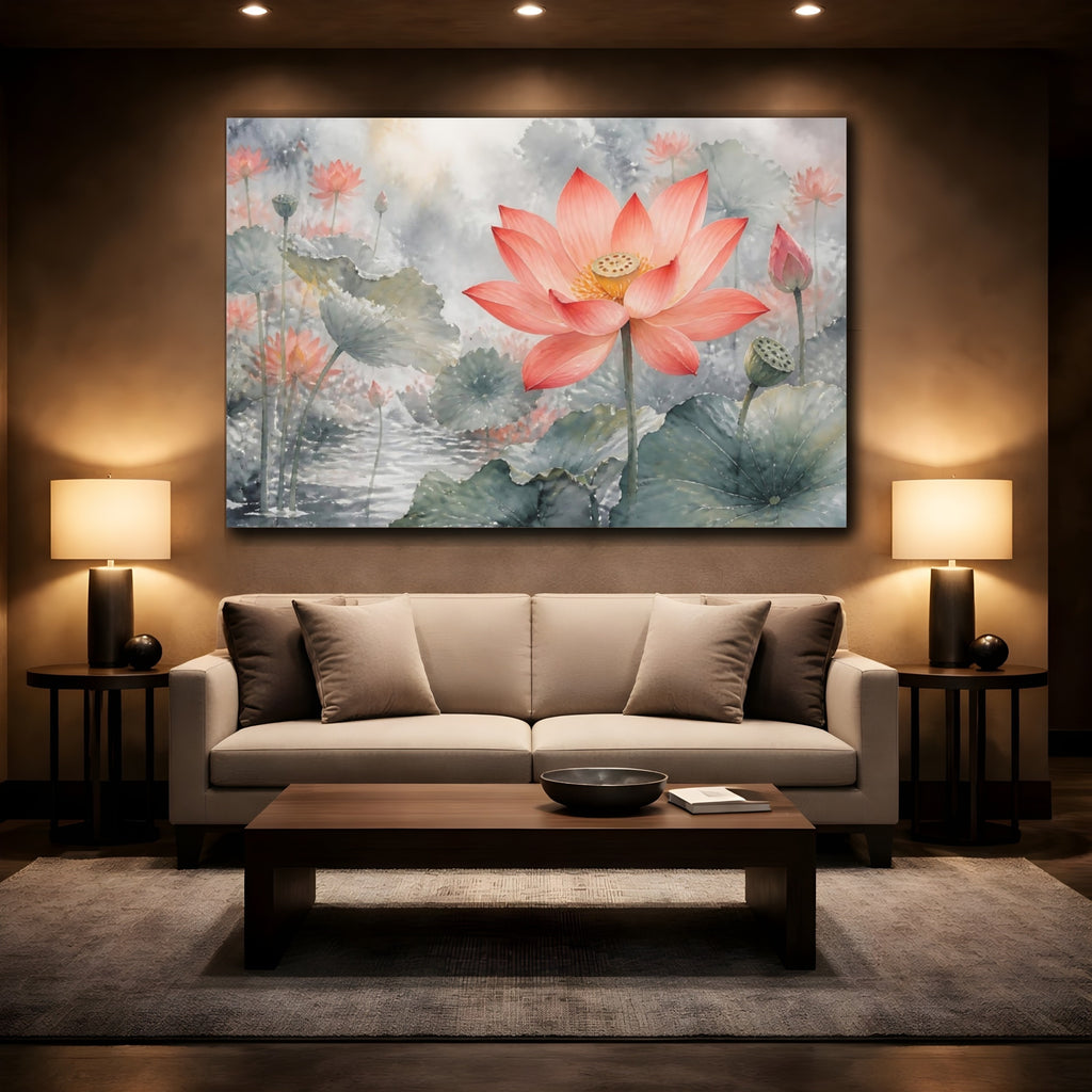 Mockup 2. Floral Lotus Flower Pink Lotus shown as stretched canvas wall art