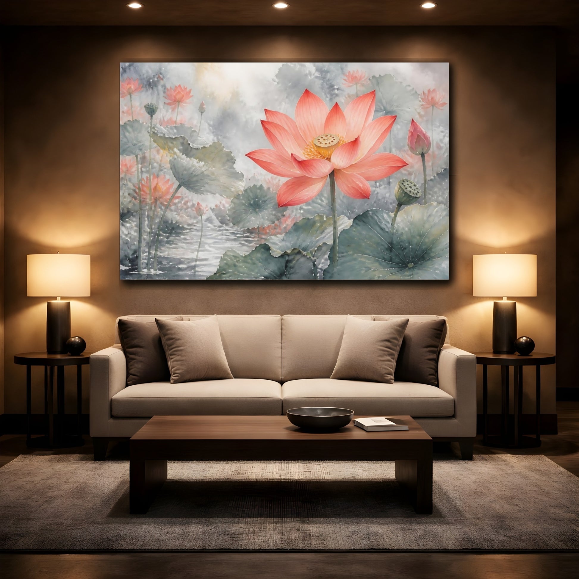 Mockup 2. Floral Lotus Flower Pink Lotus shown as stretched canvas wall art